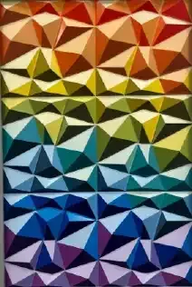Abstract geometric mosaic with layered triangular facets in warm red, yellow, teal, blue, and purple bands