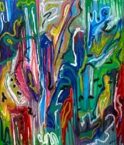 Abstract multicolored paint streaks and drips in blue, green, red, yellow, and white