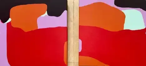 Abstract red, orange, and pink shapes split by a vertical wooden divider