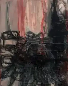 Abstract dark sketch with red vertical streaks and indistinct black shapes
