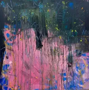 Abstract painting with dark drips over pink, blue, and black layered brushstrokes