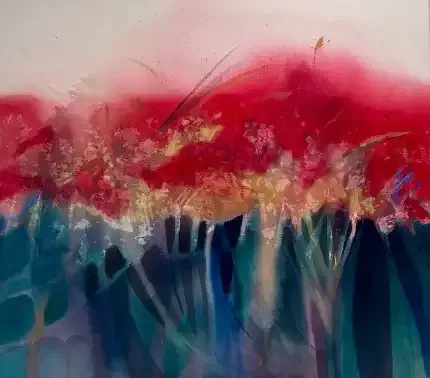 Abstract painting with vivid red, pink, blue, and teal layers and textured brushstrokes