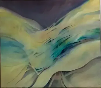 Abstract painting of flowing blue, green, and yellow brushstrokes over a dark background