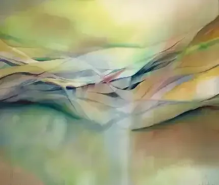 Abstract pastel landscape with soft green, yellow, and pink flowing hills and layered mountain-like shapes