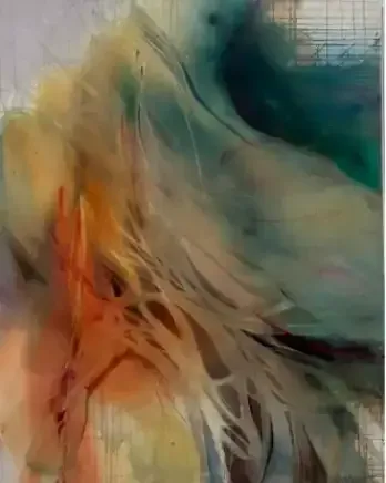 Abstract painting with flowing teal, orange, and cream brushstrokes