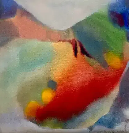Blurred colorful abstract painting with orange, blue, green, and red shapes on a light background