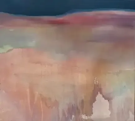 Abstract pastel landscape with pink, peach, and lavender washes and a soft horizon line