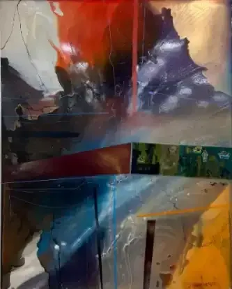 Abstract colorful collage with red, purple, blue, and yellow geometric shapes and reflections