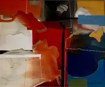 Abstract multicolor collage with red, blue, orange, and white geometric shapes divided by black lines