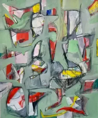 Abstract painting with gray, green, red, and yellow geometric brushstrokes on a muted background