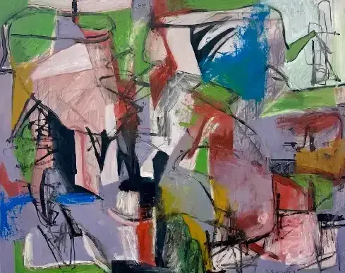 Abstract painting with bold red, blue, green, black, and white brushstrokes.