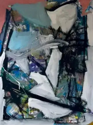 Abstract painting with bold black, white, blue, and teal brushstrokes layered diagonally.