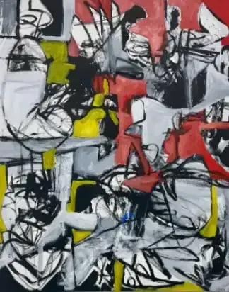 Abstract collage of black, white, red, and yellow angular brushstrokes and scribbles