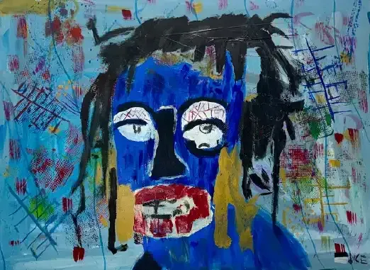 Abstract painted face with blue skin, black hair, and red lips on a colorful textured background