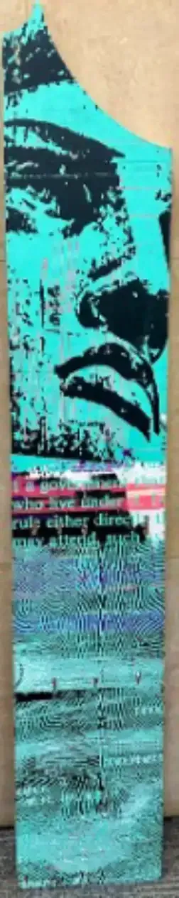 Abstract turquoise and black poster with a stylized face and small pink text near the bottom.