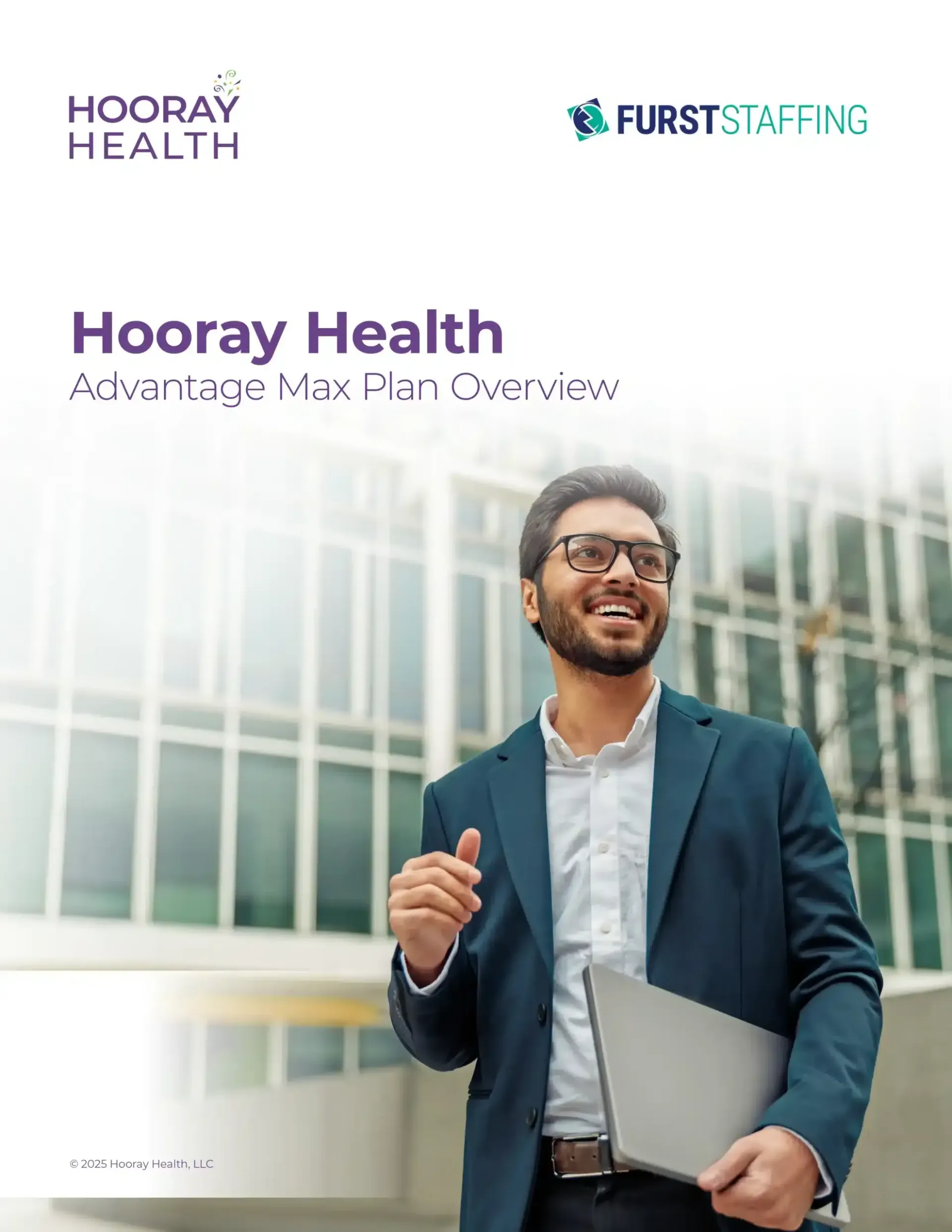 Smiling professional holding a folder in front of glass office buildings, with Hooray Health and First atting logos.