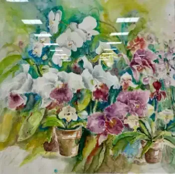 Watercolor painting of white and pink orchids in a vase with green foliage and a soft, blurred background
