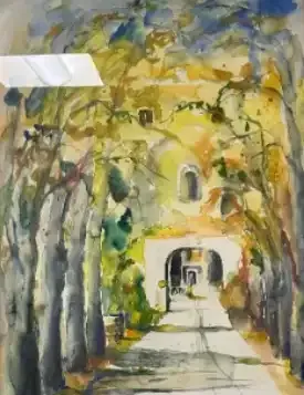 Watercolor of a sunlit stone building framed by tall trees and a path leading to an arched entrance