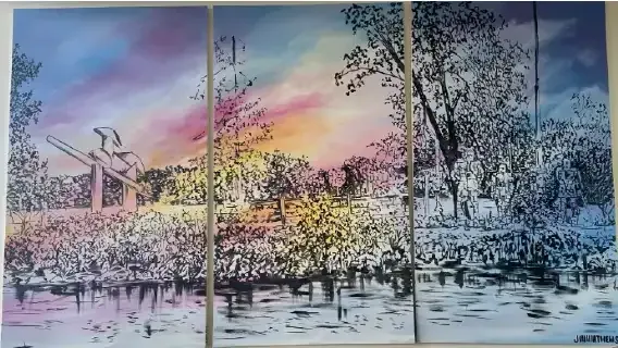 Triptych winter landscape with snowy trees, reflecting water, and a pink-yellow sunset sky