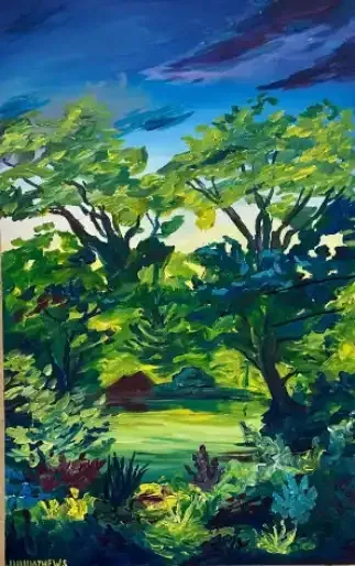 Lush green trees and shrubs under a bright blue sky in a sunlit garden-like landscape