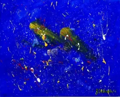 Abstract painting of a fish-like shape on vivid blue background with splattered white, yellow, and red paint