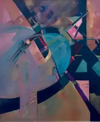 Abstract geometric painting with overlapping teal, pink, and black shapes and curved lines.