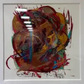 Abstract colorful swirl painting with red, blue, yellow, and brown brushstrokes on a white background