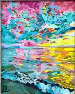 Abstract seaside landscape with vivid pink, blue, and yellow sky over shimmering water and dark shoreline
