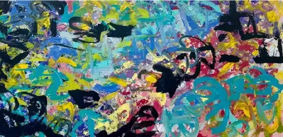 Abstract colorful painting with layered blue, yellow, pink, black, and teal brushstrokes