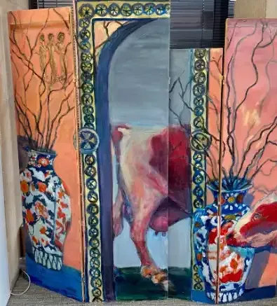 Colorful painted folding screen with blue-framed panels, patterned vases, and a central abstract pink figure