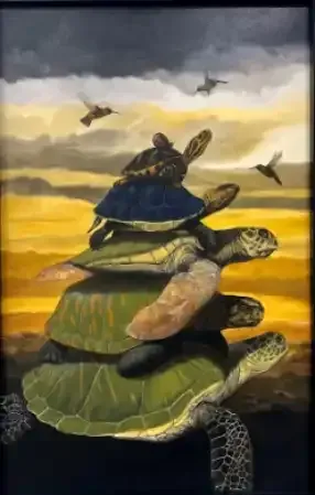 Turtles stacked in a tower against a golden sky with birds flying overhead