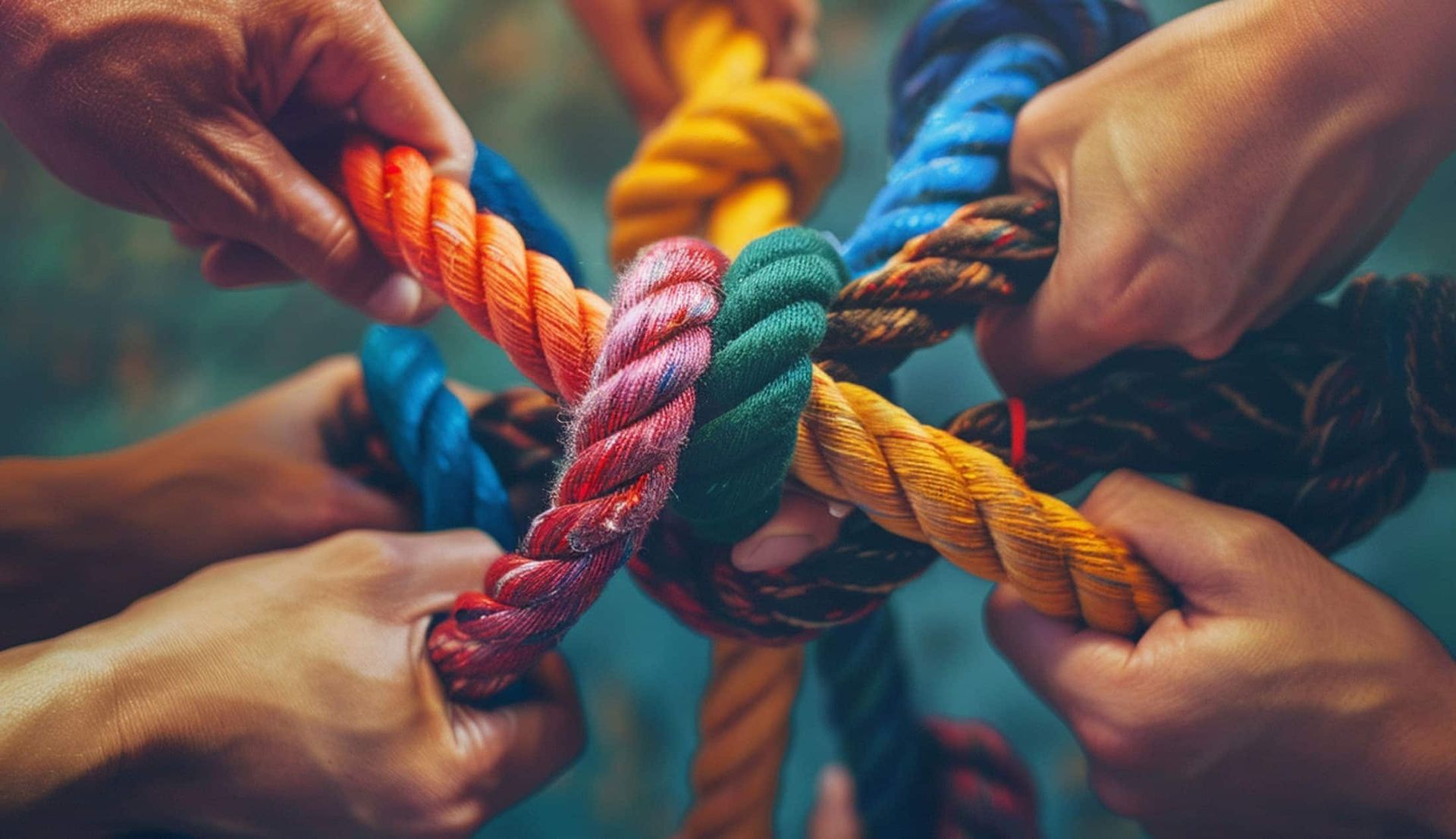Hands of multiple people tying together colorful braided ropes in a close-up teamwork scene
