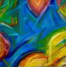 Abstract colorful painting with blue, green, yellow, and orange brushstrokes