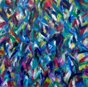 Abstract painting with vibrant blue, purple, green, pink, and white brushstrokes