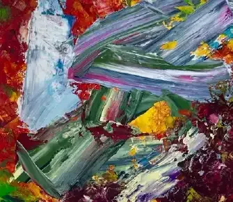 Abstract painting with bold red, blue, green, and yellow brushstrokes on a textured canvas