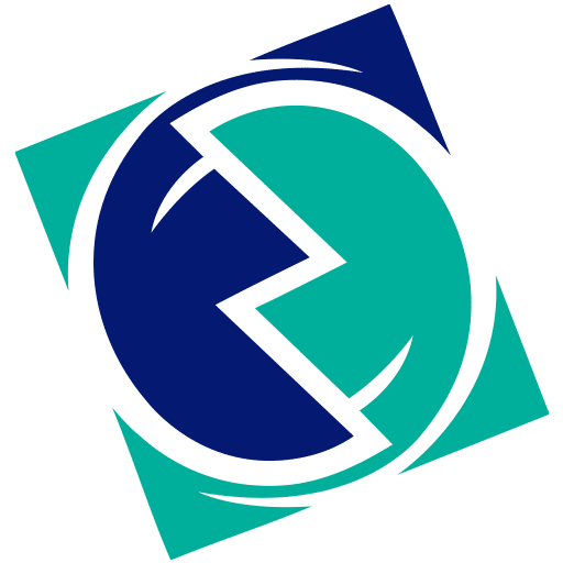 Abstract teal and navy geometric logo with interlocking circular shapes and tilted squares