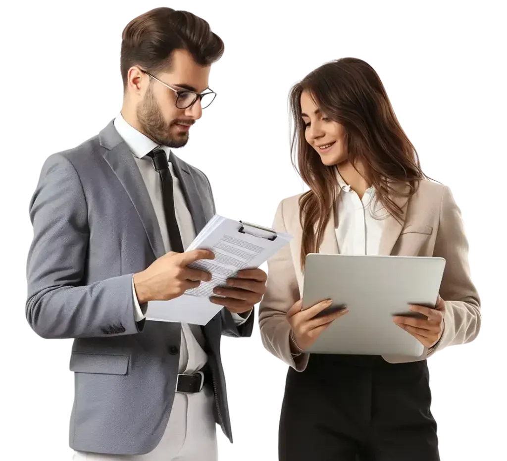 Two professionals in business attire review documents and a laptop together against a white background