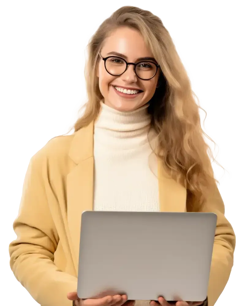 Smiling person in a light blue shirt holding a tablet against a white background