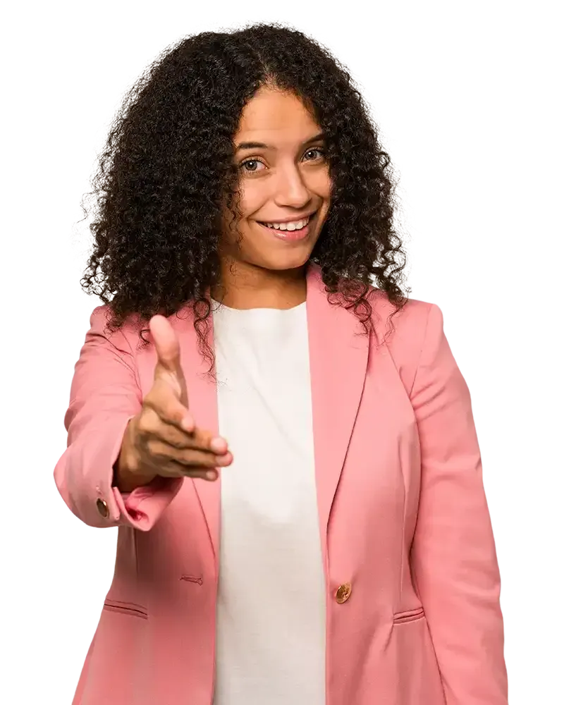 Smiling person in a pink blazer reaching a hand forward against a white background