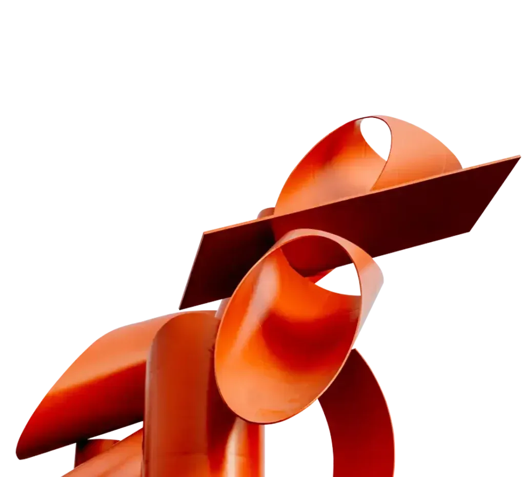Abstract orange and red ribbon-like 3D shapes on a white background