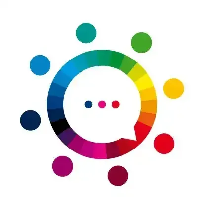 Colorful circular logo with a speech bubble and dots on a white background