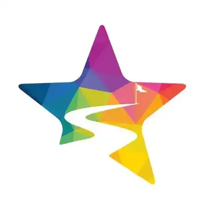 Multicolor abstract star logo with a white winding path through the center