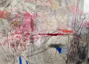 Abstract mixed-media artwork with pink, gray, black, and blue brushstrokes on a pale background