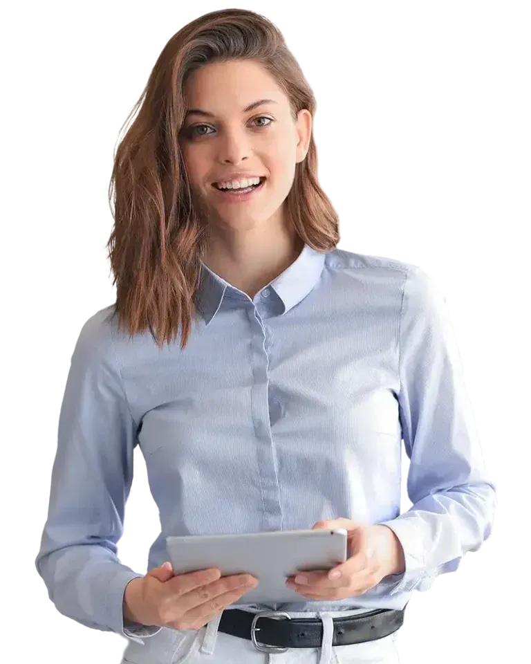 Woman in a light blue shirt holding a tablet and smiling against a white background