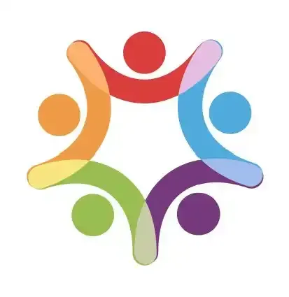 Colorful abstract people icon forming a circle with six figures in red, orange, yellow, green, purple, and blue