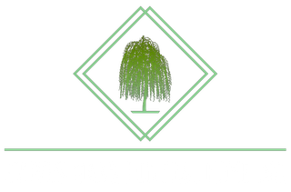 A green willow tree illustration centered inside a double diamond frame, positioned above a horizontal line.