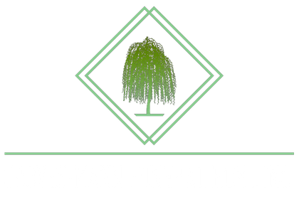 A green willow tree illustration centered inside a double diamond frame, positioned above a horizontal line.