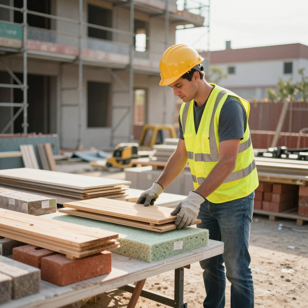 Ouvrier du bâtiment en gilet jaune et casque de chantier.