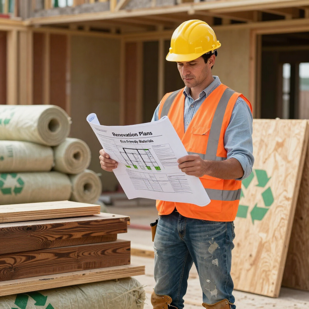 Ouvrier du bâtiment en gilet orange et casque jaune, lisant des plans sur un chantier.