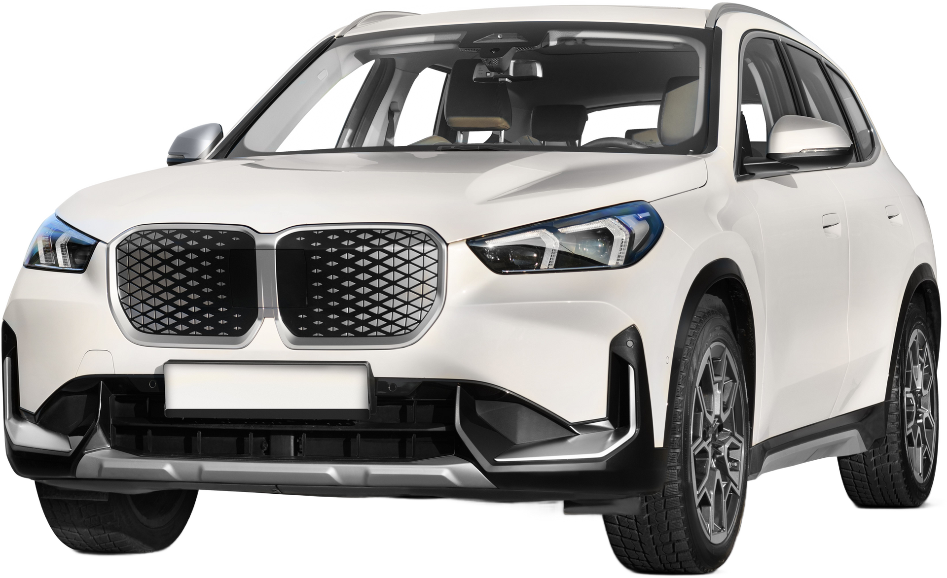 White BMW X1 SUV, front view.